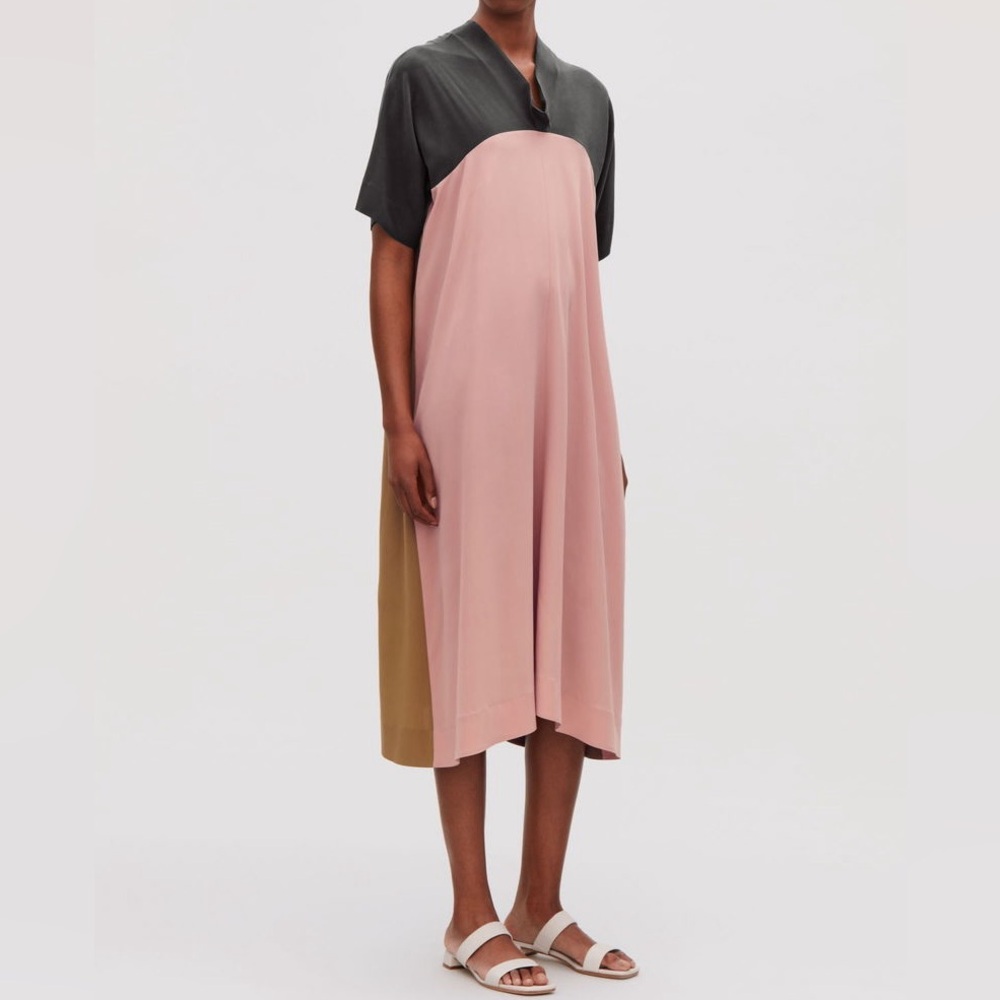 COS Draped-Neck A-Line 100% Mulberry Silk Colorblock Midi Dress - Size 6